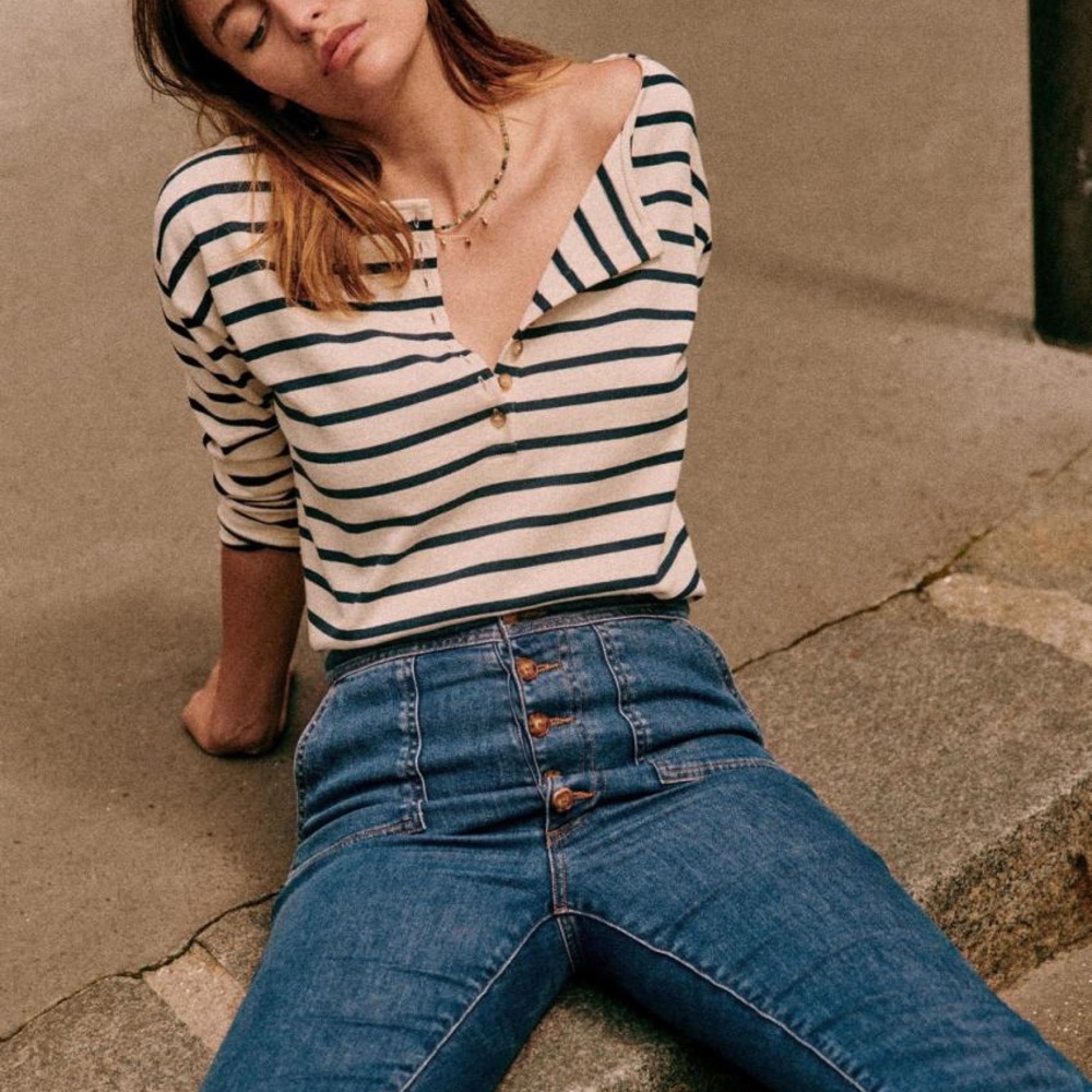 Sezane Mariniere Gatsby Buttons Top in Ecru/Navy Size M Medium